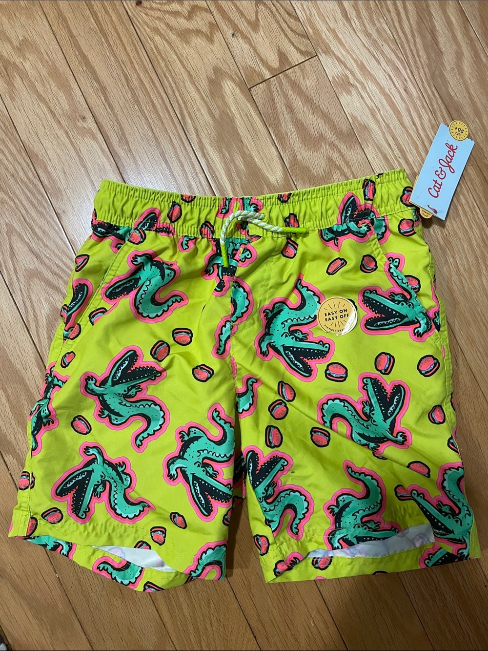 Cat & Jack Neon Lime Swim Shorts with Teal and Hot Pink Alligators